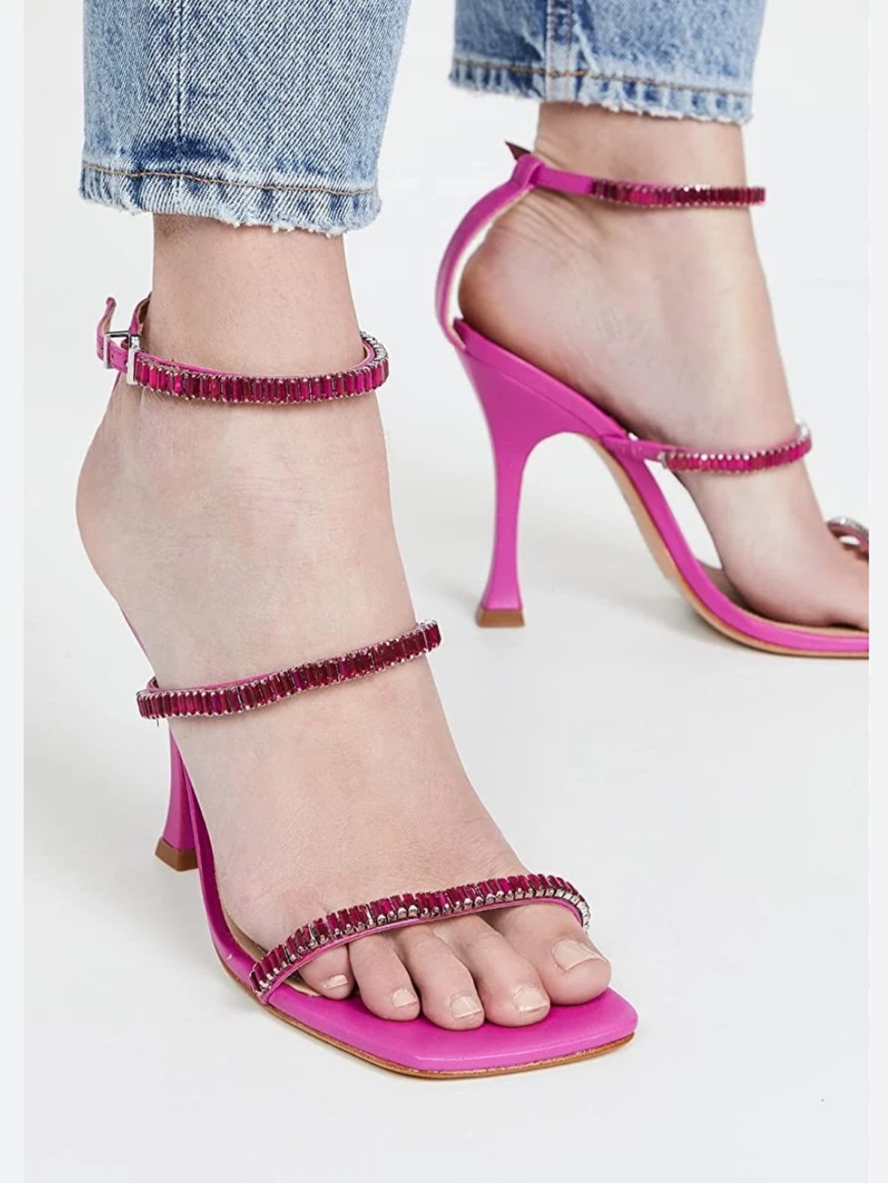 SCHUTZ NWOT Nellina Nubuck Sandal Gemstone Straps Square Toe Pink size 7‎